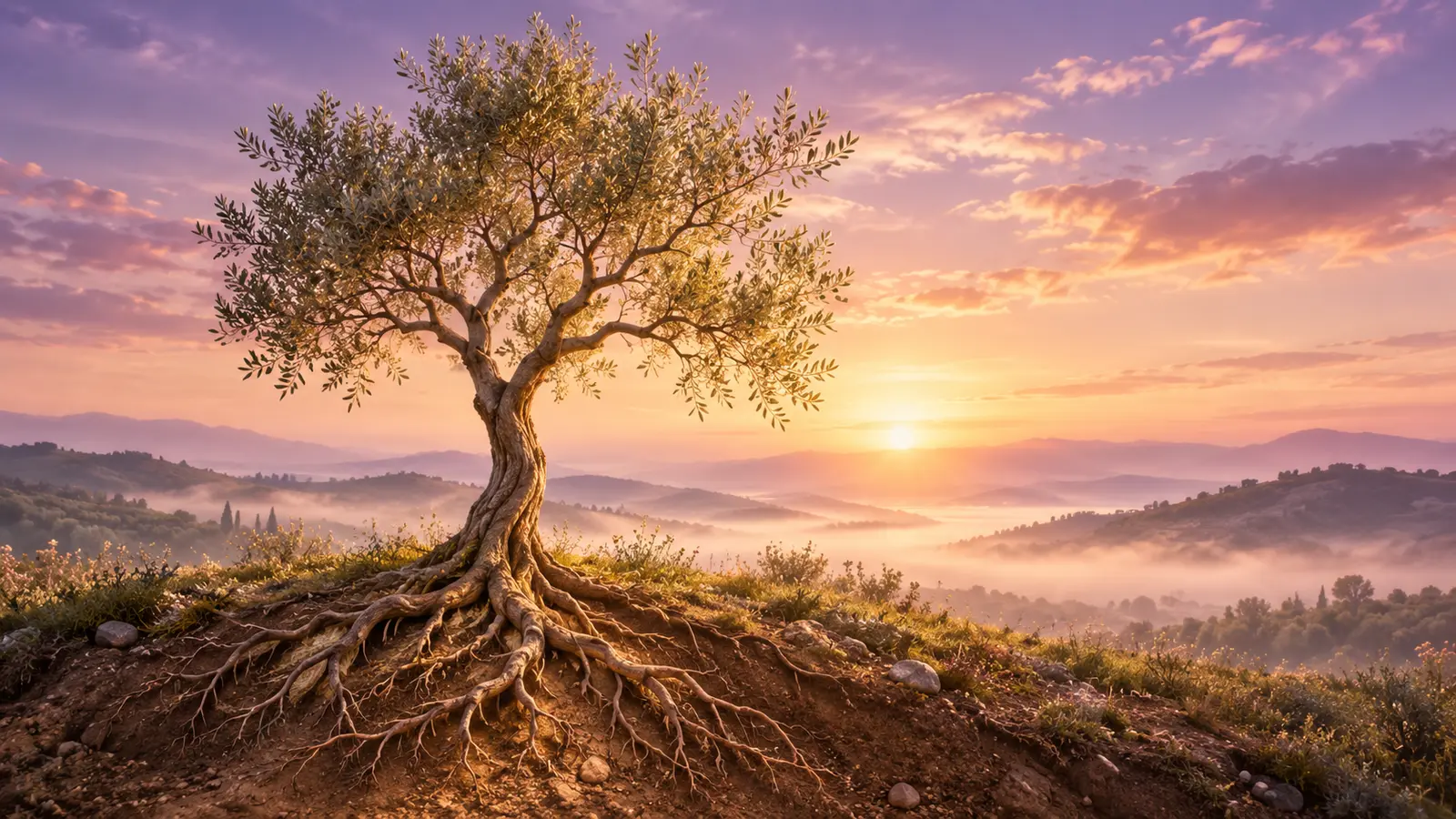 Albero con radici profonde all’alba, simbolo di una spiritualità sana e radicata